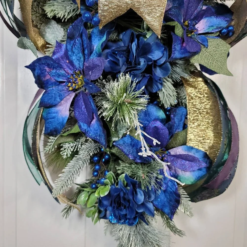 Blue Joy Poinsettia and Hydrangea with Mixed Pines Swag, Holiday Swag